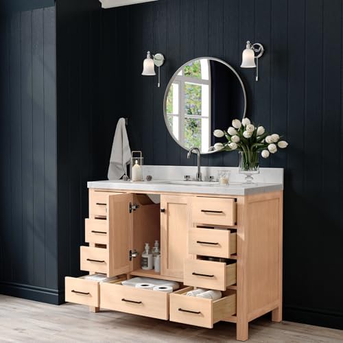 ARIEL Cambridge 48-inch Bathroom Vanity with Sink,Solid Wood, 1.5-inch Carrara White Quartz Countertop, Single Rectangular Porcelain Sink, 2 Soft Closing Doors, 9 Dovetail Drawers, White Oak