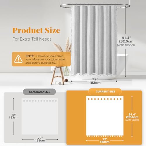 BTTN 72 x 90 Boho Linen Heavy Duty Cloth Shower Curtain Set, Grey/Gray