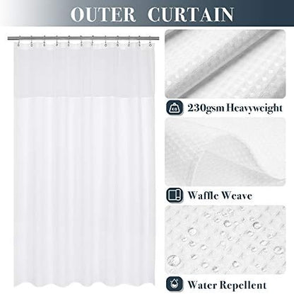 N&Y HOME Waffle Weave Shower Curtain with Snap-in Fabric Liner Set, 12 White Hooks Included - Hotel Style, Waterproof & Washable, Heavyweight Fabric & Mesh Top Window - 71x72, White (Pack of 12)
