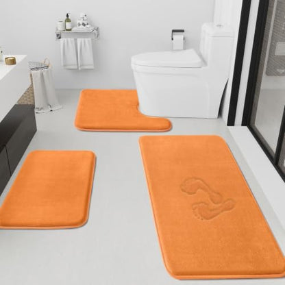 HUXMEYSON Bathroom Rugs Sets 3 Piece, Non-Slip & Quick Dry Bath Mat Set, Ultra Soft Velvet Bath Rugs for Bathroom, Toilet and Shower Floor, Orange