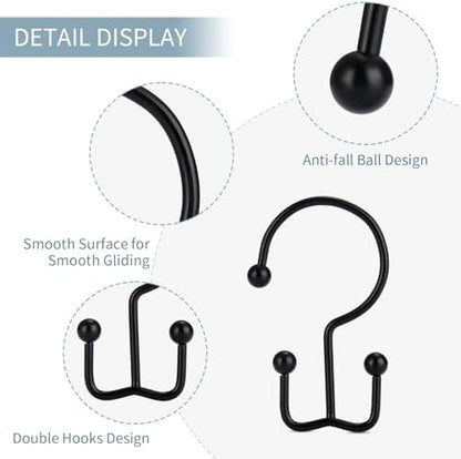Goowin Shower Curtain Hooks, 12 Pcs Shower Curtain Rings, Durable Rust Proof Black Shower Curtain Hooks, Shower Rings for Curtain, Double Glide Shower Hooks for Shower Curtain Rods, Black