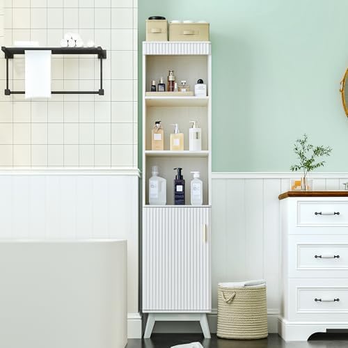 Bifins 68" Tall Bathroom Storage Cabinet,Narrow Fluted Tower Cabinet with Door and Shelves,Slim Space Saving Storage Unit for Bathroom Kitchen Living Room (White, 11.8" D x 15.75" W x 68" H)
