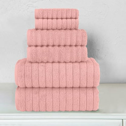 Elegant Comfort 100% Turkish Cotton Corduroy Ribbed Luxury Bath Towels, Premium Quick Dry Highly Absorbent 6 Piece Set with Bath & Hand Towels, 2 Each Plus Washcloths, Dusty Rose (Pack of 4)
