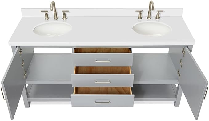 ARIEL Bayhill 72-inch Bathroom Vanity with Sink,Solid Wood, 1.5-inch Pure White Quartz Countertop & Backsplash, Double Oval Porcelain Sink, 2 Soft Closing Doors, 3 Dovetail Drawers, Grey