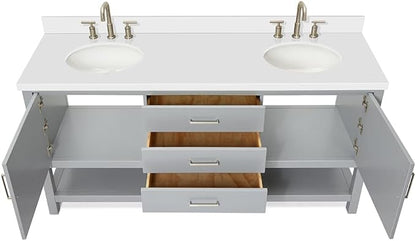 ARIEL Bayhill 72-inch Bathroom Vanity with Sink,Solid Wood, 1.5-inch Pure White Quartz Countertop & Backsplash, Double Oval Porcelain Sink, 2 Soft Closing Doors, 3 Dovetail Drawers, Grey