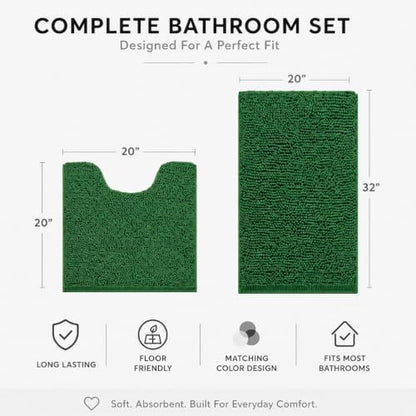 Bathroom Rugs Sets 2 Piece,Super Absorbent Soft,Thick,Machine Washable Chenille Bath Mat,Non Slip Toilet Floor Rug,Bath Mats for Bathroom,20x32 Plus 20x20 U Shape,Dark Green