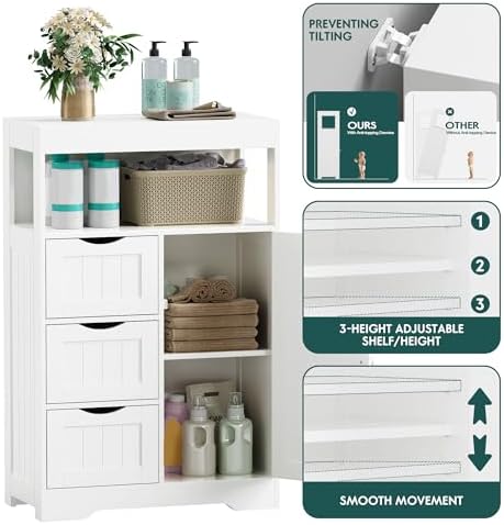 JUMMICO Bathroom Floor Cabinet, Wooden Free-Standing Storage Organizer with 1 Door and 3 Drawers, Bathroom Storage Cabinet for Living Room/Kitchen/Hallway/Home Office (Light White, 3 Drawers)