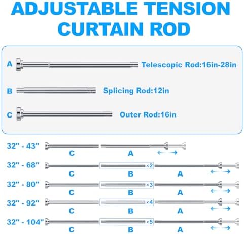 TEECK 2 Pack Shower Curtain Rod, 32-68 inch Adjustable Spring Tension Curtain Rod, Never Rust Anti-Slip Shower Curtain Rod for Bathroom, No Drilling, Never Collapse, Easy to Use, Silver