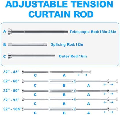 TEECK 2 Pack Shower Curtain Rod, 32-68 inch Adjustable Spring Tension Curtain Rod, Never Rust Anti-Slip Shower Curtain Rod for Bathroom, No Drilling, Never Collapse, Easy to Use, Silver