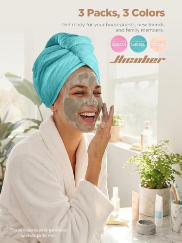 Hicober Microfiber Hair Towel Wrap for Women, Aqua Peach Pink, 3-Pack
