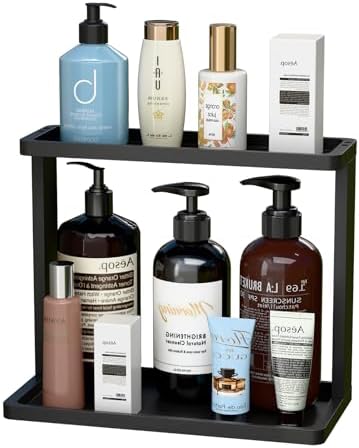 PEKER Bamboo Bathroom Organizer Countertop – Small Vanity Storage Shelf for Makeup, Perfume, Skincare – Natural Cosmetics Display Rack for Dresser, Sink, Kitchen –Black