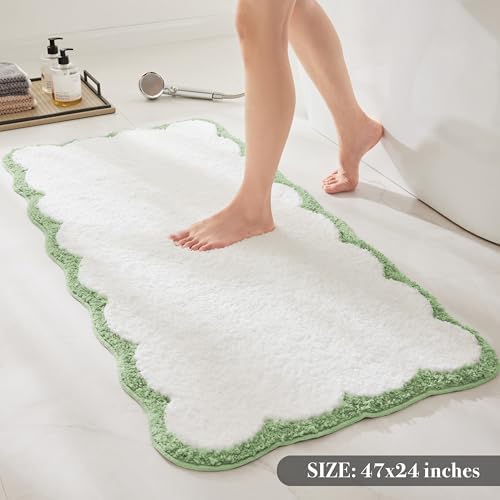 Ohocut Luxury Microfiber Scalloped Runner Rug, Sage Green Scalloped Piping White Long Bathroom Rug Cute Aesthetic Bath Mat for Bathroom, Tub, Sink, Shower, Anti Slip, Extra Soft, Absorbent, 47x24