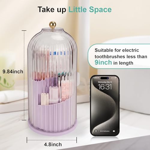 QIYVLOS Toothbrush Holders with Sliding Lid, Rotating 3 Slots Bathroom Organizer Countertop, Tooth Brush Toothpaste Holder Bathroom Counter Stand Sink Organizer for Makeup Brushes Holder (Purple)