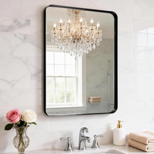 Black Bathroom Mirror 18 x 30 in Vanity Mirror,Metal Frame Wall Mirror,Farmhouse Rectangle Mirror, Bathroom Mirrors for Over Sink,Horizontal or Vertical Hanging