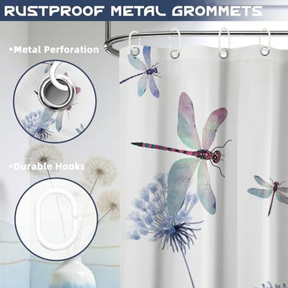 Navy Blue Dandelion Shower Curtain Spring Dark Blue Dragonfly Grey White Watercolor Shower Curtains for Bathroom Decor, Waterproof Cloth Fabric with Hooks 70" Wx72 L