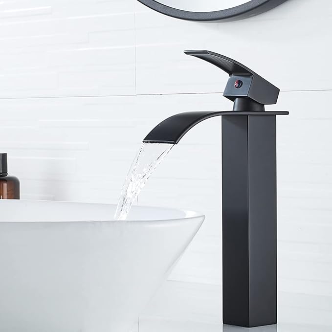 VOTON Vessel Sink Faucet Matte Black Modern Tall Waterfall Bathroom Sink Faucet Single Handle Bathroom Faucet 1 Hole Bowl Lavatory Vanity Faucet, Rv Sink Camper Farmhouse Bathroom Faucet