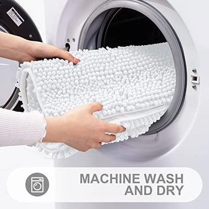 Grandaily Chenille Striped Bathroom Rugs 47x24, Extra Thick and Absorbent Bath Mats, Non-Slip Soft Plush Shaggy Shower Carpet, Machine Wash Dry, Bath Rug for Bathroom, White