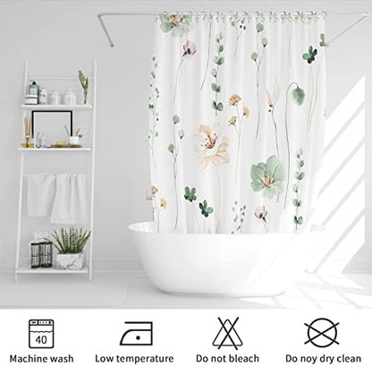 Gibelle Watercolor Floral Shower Curtain, Sage Green Beige Flower Shower Curtain for Bathroom, Modern Minimalist White Waterproof Fabric Shower Curtain Set 72x72 Inch (Pack of 2)