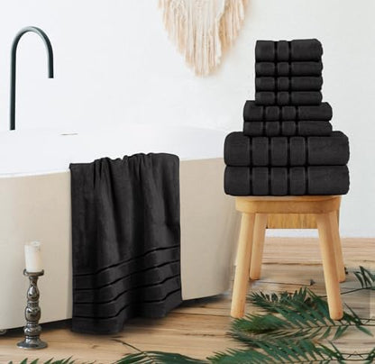 Luxury Towels for Bathroom Set of 8-2 Bath Towels 2 Hand Towels 4 Washcloths - 600 GSM 100% Cotton Ring Spun Viscose Border Towels Set - Black