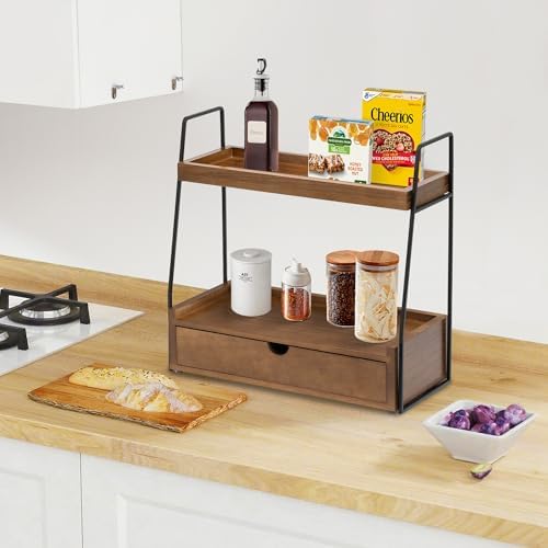2-Tier Bathroom Countertop Organizer with Drawer, Wood Vanity Shelf Brown