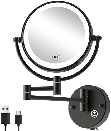 Wall Mounted Makeup Mirror with Lights, Rechargeable, Brass, Matte Black