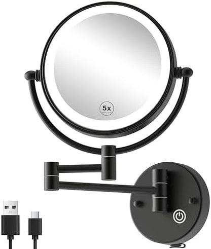 Wall Mounted Makeup Mirror with Lights, Rechargeable, Brass, Matte Black