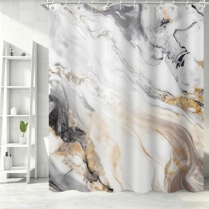 Beige Marble Shower Curtain Modern Abstract Luxury Gold Ink Texture Gray Ombre Watercolor Bathroom Curtain Set with Hooks Soft and Lightweight Waterproof Fabric Machine Washable 60" Wx72 L