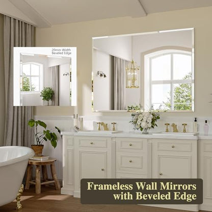 Frameless Bathroom Mirror, 48" x 30" Beveled Wall Mirror