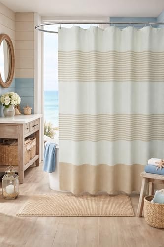 Serafina Home Tan Beige & White Striped Cotton Bathroom Shower Curtain