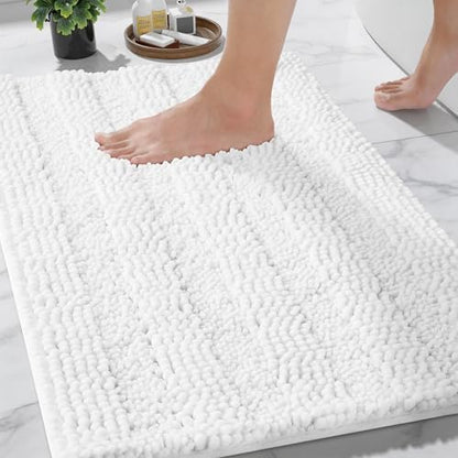 Yimobra Bathroom Rug Mat 32 x 20, Non Slip and Super Absorbent Bath Mat,Machine Washable Quick Dry,Ultra Plush Chenille Shower Rugs for Bathroom Floor Sink Tub and Shower Outside,White