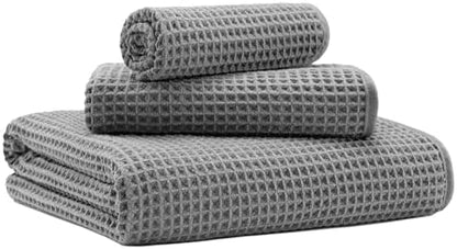 MICROFI Microfiber Waffle Bath Towels, 3 Pieces, Oversized, Soft, Absorbent, Fast Drying, Lint Free, Includes Bath, Face and Hand Towels 430 GSM