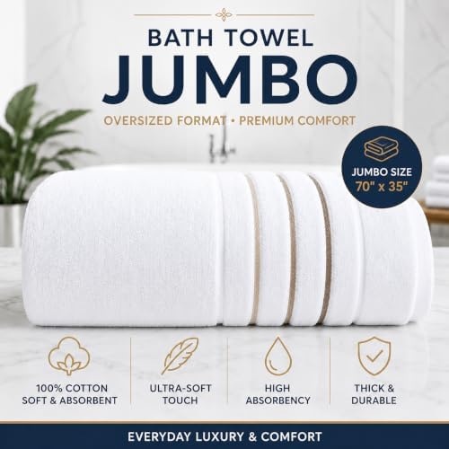 Bath Sheet Towels for Bathroom – Luxury 1-Piece Cotton Towels (70''x35''), Soft Absorbent & Quick Dry, 600 GSM Bath Towels for Bathroom, Hotel Spa Quality (White/Brown Taupe, 1-Bath Sheet)