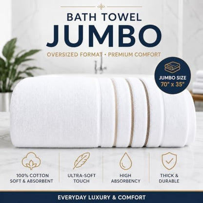 Bath Sheet Towels for Bathroom – Luxury 1-Piece Cotton Towels (70''x35''), Soft Absorbent & Quick Dry, 600 GSM Bath Towels for Bathroom, Hotel Spa Quality (White/Brown Taupe, 1-Bath Sheet)