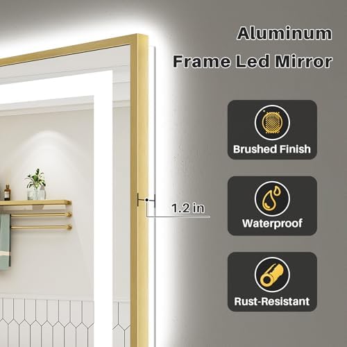 96X36 Inch LED Bathroom Mirror with Gold Frame, Backlit & Front Lit