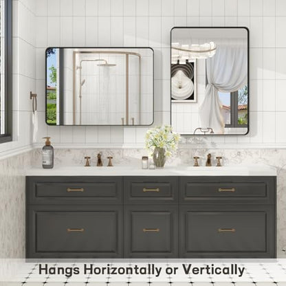 28x36 Inch Black Framed Bathroom Mirror for Wall, Matte Black Metal Frame Mirror, Rounded Rectangle Mirror, Anti-Rust, Shatterproof (Horizontal/Vertical)