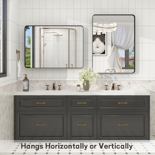 32x36 Inch Black Framed Bathroom Mirror for Wall, Matte Black Metal Frame Vanity Mirror, Rounded Corner Rectangle Bathroom Mirror, Anti-Rust, Shatterproof (Horizontal/Vertical) | Matte Black Metal Frame Vanity Mirror, Rounded Rectangle Bathroom Mirror,...