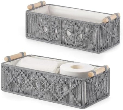 Mkono 2Pc Macrame Storage Basket, Boho Decor Toilet Paper Holder, Grey