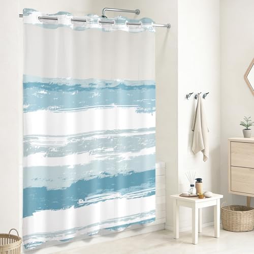 No Hook Shower Curtain with Liner, Cyan Stripe, 71x74 Inch