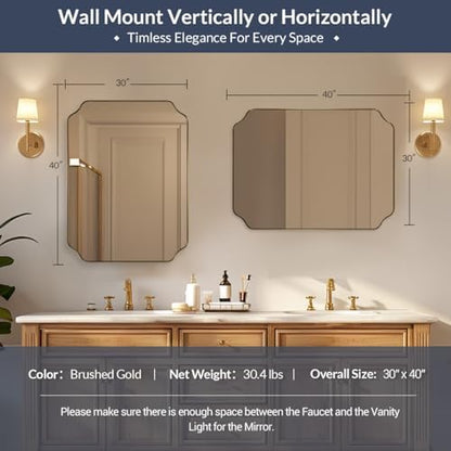 MIRRORART Gold Bathroom Mirror 30x40 Inch, Scalloped Brass Mirrors for Bathroom Sink, Notched Corner Rectangle Mirror in 1’’ Stainless Steel Metal Frame Home Remodel Wall Mount Vertical/Horizontal