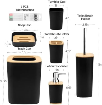 Hommtina Bamboo Bathroom Accessory Set, 6 Pcs Bathroom Essential Includes Toothbrush Cup, Toothbrush Holder, Soap Dispenser, Soap Dish, Toilet Brush with Holder, Trash Can (Black Square)