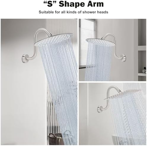 NearMoon S Shaped Shower Head Riser Arm, Shower Extender Arm with Flange, Standard 1/2" Connection- Bathroom Accessory (8 Inch, Brushed Nickel)