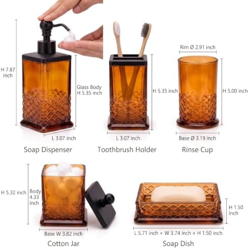 JKE Heavy Glass 5Pcs Amber Bathroom Set Accessories Vintage