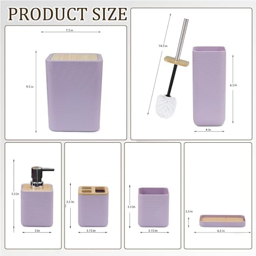 CERBIOR Bamboo Bathroom Accessories Set 6 PCS Square Spiral Bath Set,Purple