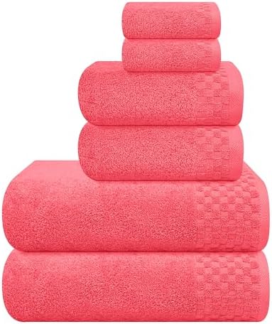 MyOwn Premium Cotton 6 Pack Towel Set for Bathroom, Contains 2 Bath Towels 28x55 inch, 2 Hand Towels 16x24 inch & 2 Wash Coths 12x12 inch, Ideal Everyday use, Compact & Lightweight - Coral Orange