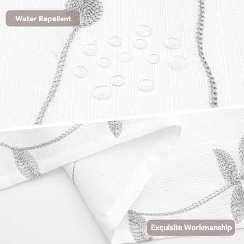 Embroidered Leaf Farmhouse Shower Curtain,Faux Linen,72Wx72L,White Grey