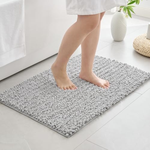 Disolla Silver Bathroom Rug 20x32 Inch - Luxury Chenille Bath Mat, Thick Shaggy Plush Absorbent Rug, Non-Slip Machine Washable Mats for Bathroom Floor & Decor