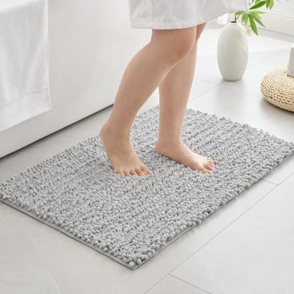 Disolla Silver Bathroom Rug 20x32 Inch - Luxury Chenille Bath Mat, Thick Shaggy Plush Absorbent Rug, Non-Slip Machine Washable Mats for Bathroom Floor & Decor