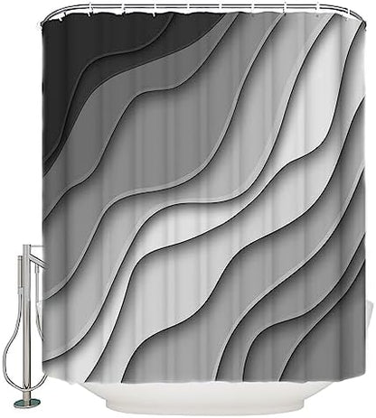 Shower Curtain Bathroom Set Black Grey Ombre Gradient Water Ripple Waterproof Shower Curtains with Grommets Hooks Abstract Lines Modern Art Privacy Bath Curtain for Bathtub Decor 36x72in