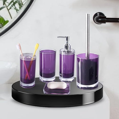 5 Pcs Purple Acrylic Bathroom Accessories Set Complete,Lotion/Soap Dispenser,Soap Dish,Toothbrush Holder, Tumbler,Toilet Brush and Holder,Modern Bathroom Decor and Housewarming Gift Set (Dark Purple)