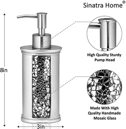 Zahari Home 4pc Sinatra Stylish Bathroom Accessories Set Liquid Soap Dispenser, Tumbler, Tooth Brush Holder and Soap Dish Modern Classic Luxury Decor Bling Mosaic Glass Silver Bathroom Accessories